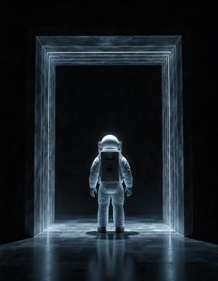 The primary subject of the image is a person wearing a white space suit, standing in a dark room. The setting appears to be a space station or a similar environment. The visual style of the image is a black and white photo, which adds a sense of drama and contrast to the scene. The overall atmosphere of the image is mysterious and intriguing, as the person in the space suit seems to be the only living being in the dark room.